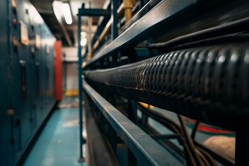 Obraz premium Server room with network cables and equipment in focus, data management concept