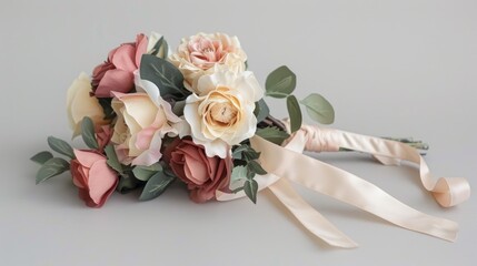 Fake flower bundle with ribbon against white backdrop