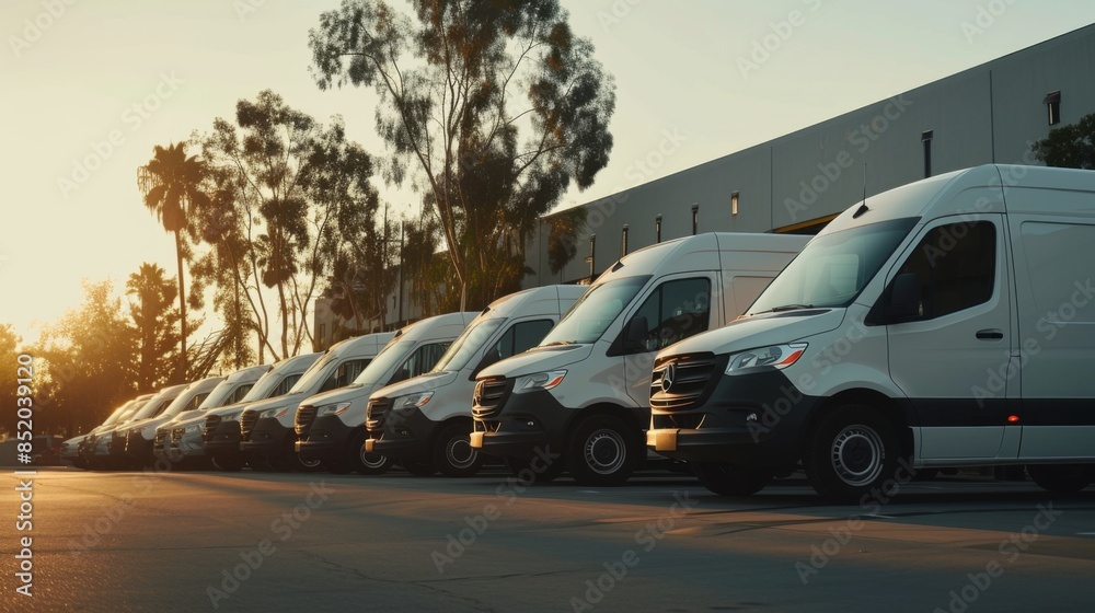 Wall mural A fleet of commercial delivery vans stands in a row, ready for daily operations at a transportation service company