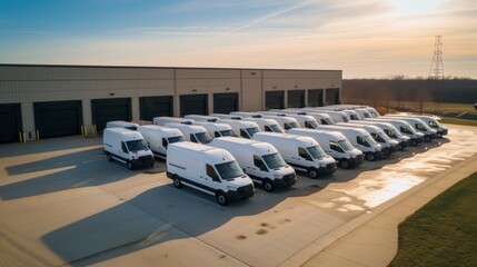 A fleet of commercial delivery vans stands in a row, ready for daily operations at a transportation service company