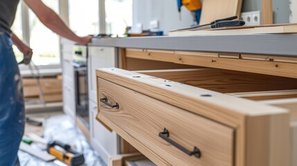 Worker assembles kitchen furniture