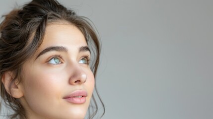 Fototapeta premium Girl displaying natural make up healthy skin and hair with blank space for text