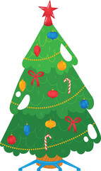 Decorated Christmas tree cartoon illustration vibrant colors. Festive holiday decoration balls, candies, star, colorful lights, bows. Christmas spirit celebration vector graphic