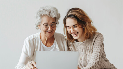 happy grandmother and granddaughter at laptop