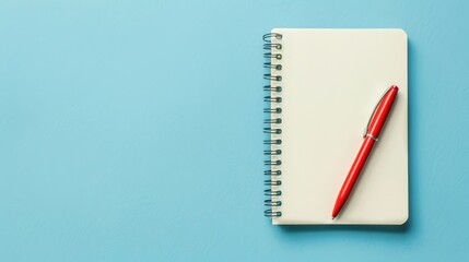 Spiral notepad and red pen on blue background table top view