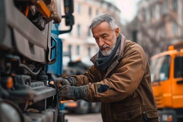 Elderly man working on truck in urban setting, winter wear concept
