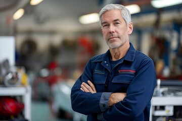 Obraz premium Confident male mechanic in uniform in an auto repair shop,auto repair concept