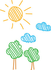Fototapeta premium Childlike drawing sun, clouds, trees, colorful sketch, simple lines, nature doodle. Sunshine bright yellow, blue fluffy clouds, green trees, naive art style, playful illustration. Artwork kids