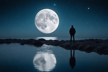 Lone male figure on seashore at night with full moon reflected in water. AI generative.