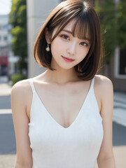 Fototapeta premium Japanese woman with short hair smiling kindly on the street during the day. Generative AI