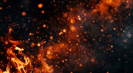 Fototapeta premium Sparks and ember particles floating over a black backdrop, with a moody and dark ambiance