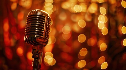 Vintage microphone against a vibrant bokeh background, capturing the essence of live music and the nostalgia of classic performances.