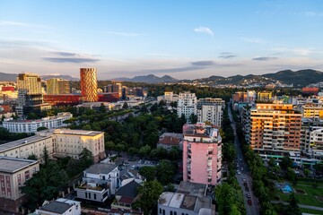Aerial image of Tirana Skyline at sunset 