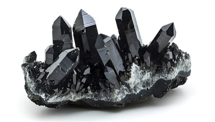 Black quartz crystals, isolate on white background . Geology, mineralogy