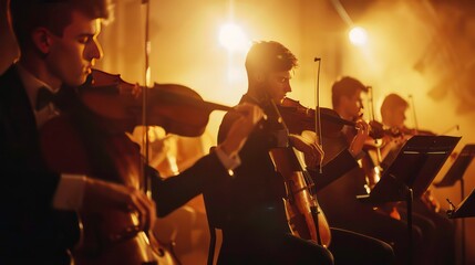 TSymphony musicians playing on stage, warm dark light environment, clean background. Generative AI