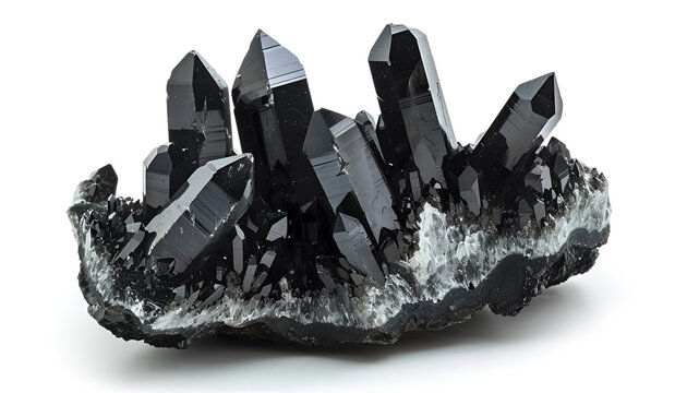 Black quartz crystals, isolate on white background . Geology, mineralogy