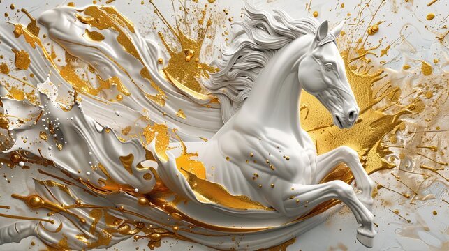 Fototapeta Golden Horse Splash Art Abstract Fluid Motion Dynamic Sculpture. Mural, wallpaper and background gold horse. High quality AI generated image
