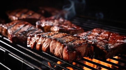 Juicy pork ribs sizzling on the barbecue grill for a mouthwatering outdoor cooking experience