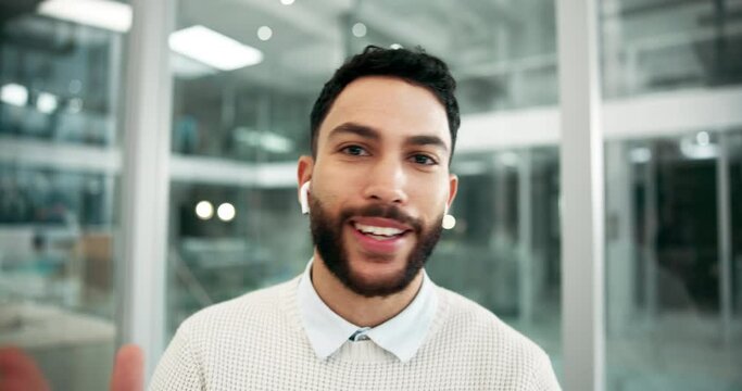 Man, video call and communication of businessman in office for online conference, meeting or webinar. Portrait, virtual interview and talking, planning or professional worker at night or conversation