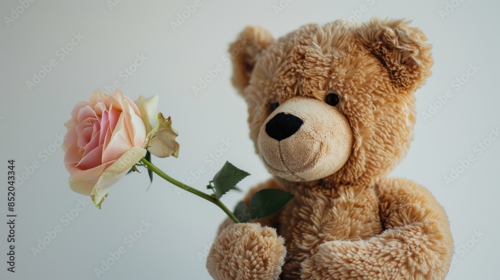 Sticker a cuddly teddy bear clutching a delicate flower stands out against a pure white backdrop embodying t