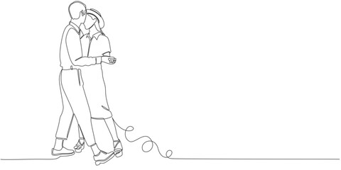 Couple dancing in continuous line art drawing style. Loving man and woman. Romantic date. Vector illustration