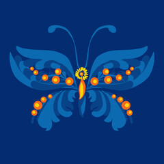 Beautiful butterfly. Stylized floral ornament. Flower symbol in yellow and blue colors. Summer mood