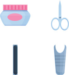 Manicure equipment icons set cartoon vector. Manicure and chiropody tool. Fashion, beauty