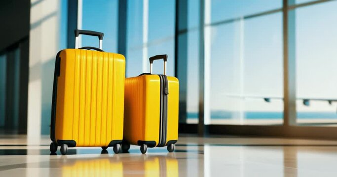 yellow suitcases in airport terminal with airplane in background behind window