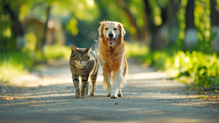 A cat and a dog walk side by side along a path in a summer park. They smile and look friendly.