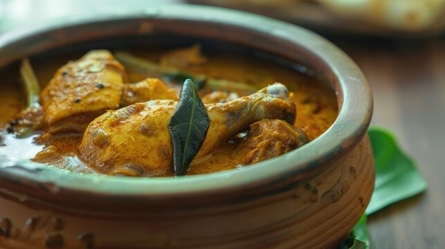 Kerala Style Spicy Asian Chicken Curry with Thick Gravy Served with Kerala Porotta a Popular Breakfast Dish Cooked in an Earthen Pot