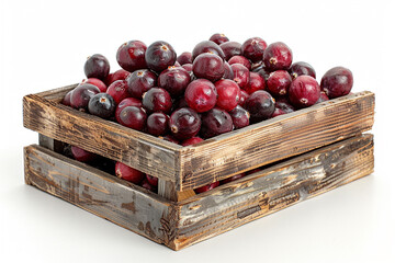 Cranberries in a wooden box. Farm bioproducts.