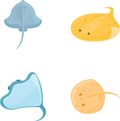 Cartoon stingray icons set cartoon vector. Cute tropical stingray fish. Nature, sea animal