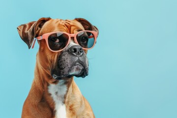 A Boxer dog wearing pink sunglasses stands against a light blue background