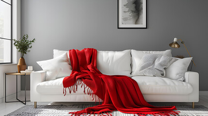 Modern Living Room with Red Throw on White Sofa
