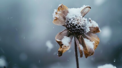 Close up photography of a wilted flower covered in snow