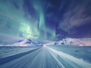 ultrarealistic photograph of a A mesmerizing display of the Northern Lights dancing across the night sky, casting vibrant colors and shimmering light over snow-covered mountains in an icy landscape
