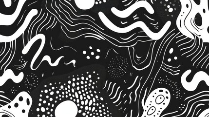 Illustration of black and white seamless pattern with abstract organic shapes, hand drawn lines and wavy textures