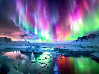 ultrarealistic photograph of a A mesmerizing display of the Northern Lights dancing across the night sky, casting vibrant colors and shimmering light over snow-covered mountains in an icy landscape