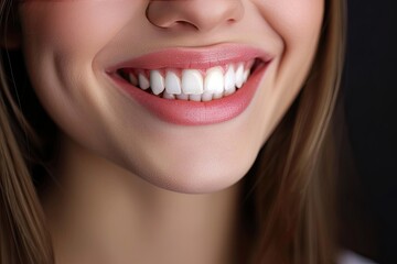 Obraz premium a woman with a toothbrush in her mouth, a Perfect healthy teeth smile of young woman in black background