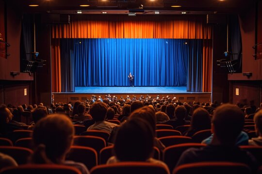 a man standing on a stage in front of a crowd, Attend live theater performances
