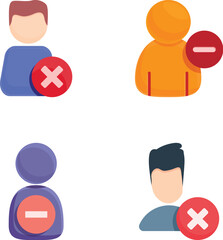 Remove user icons set cartoon vector. Account cannot be accessed or used. Social community