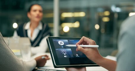 Screen, hands and music for office, tablet and closeup of employee, night and working late for deadline. Business, online and ui digital for seo specialist, people and project for ebook and promotion