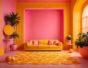 The bold pink living room showcases a striking yellow sofa, orange details, and lush houseplants creating a warm, welcoming space. Copy space. Minimal modern living. Vaporwave fashion.