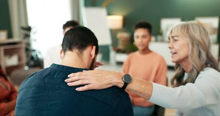 Therapy session, support group or comfort for crying man with fear, depression or divorce stress. Counseling, psychology or people in solidarity for healing, acceptance and empathy, help or community