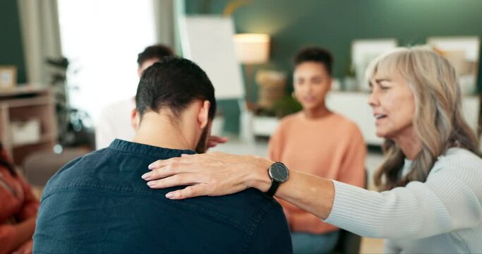 Therapy session, support group or comfort for crying man with fear, depression or divorce stress. Counseling, psychology or people in solidarity for healing, acceptance and empathy, help or community