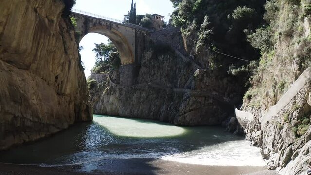 Famous Fiordo Di Furore Beach At Amalfi Coast, Campania, Italy