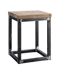 stool with raw metal structure and wooden seat. isolated white background