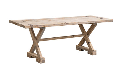table in rough recycled planks on trestles. isolated white background