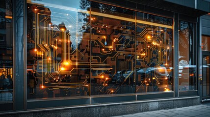 Obraz premium Futuristic city street with glowing digital circuit art on glass facade of building