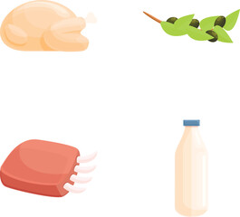 Various food icons set cartoon vector. Raw meat, dairy product and olive branch. Nutrition concept